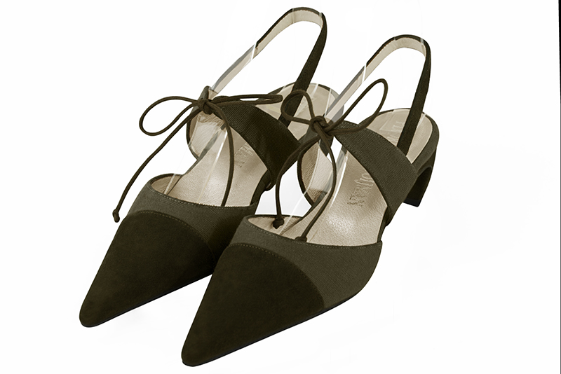 Khaki green women's open back shoes, with an instep strap. Pointed toe. Low comma heels. Front view - Florence KOOIJMAN